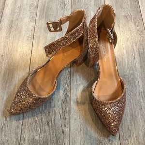 Rose gold, ankle strap dress shoes